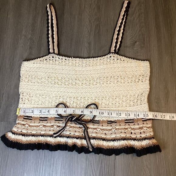 American Eagle Crochet Crop Top Cream and Brown Spaghetti Strap Bow Size M - Picture 6 of 7